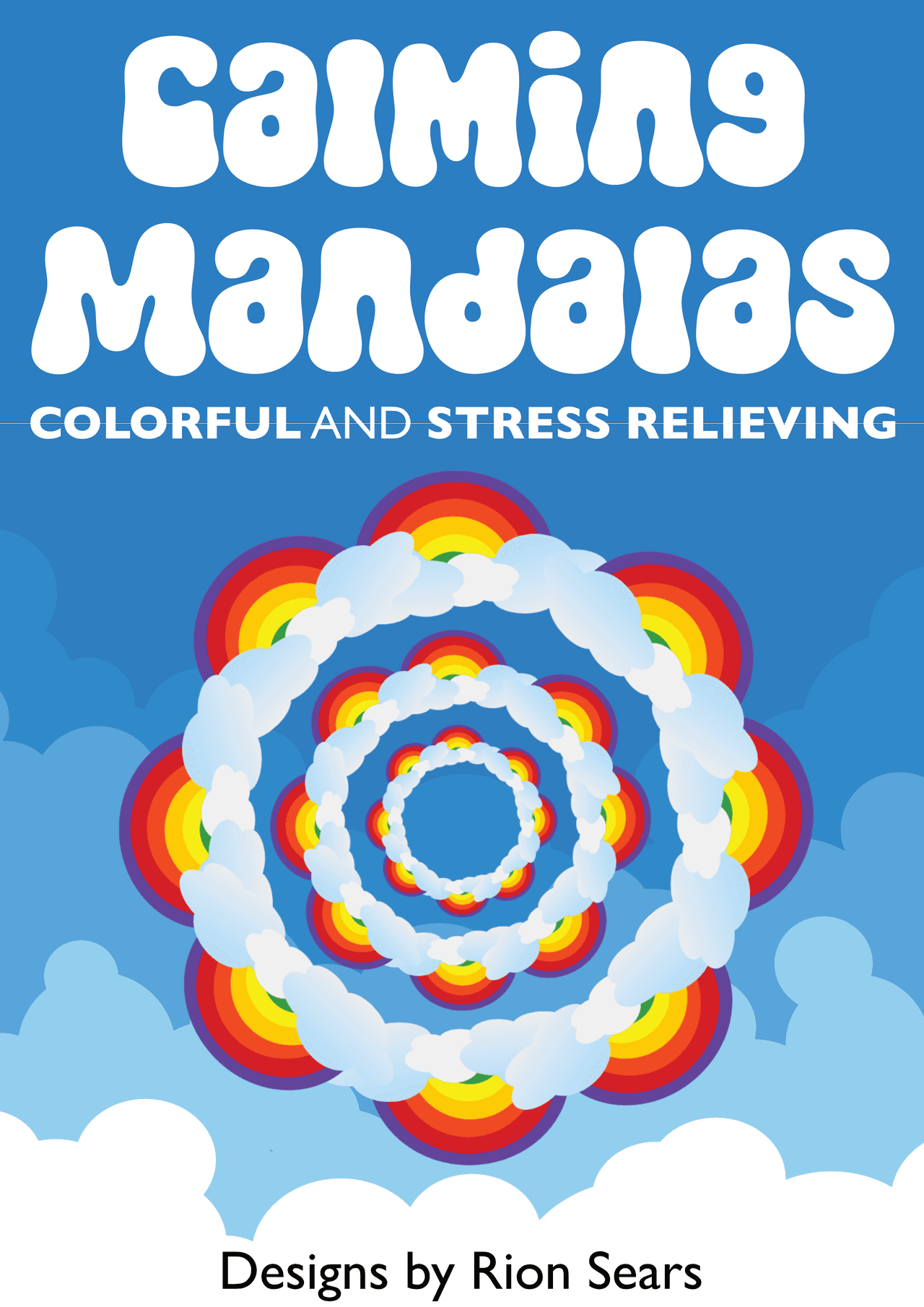 A concept cover for a mandala coloring book featuring a rainbow and some clouds